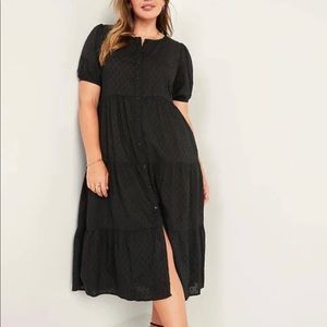 Old Navy Clip Dot Swiss Dot Black Puff Sleeve Midi Dress